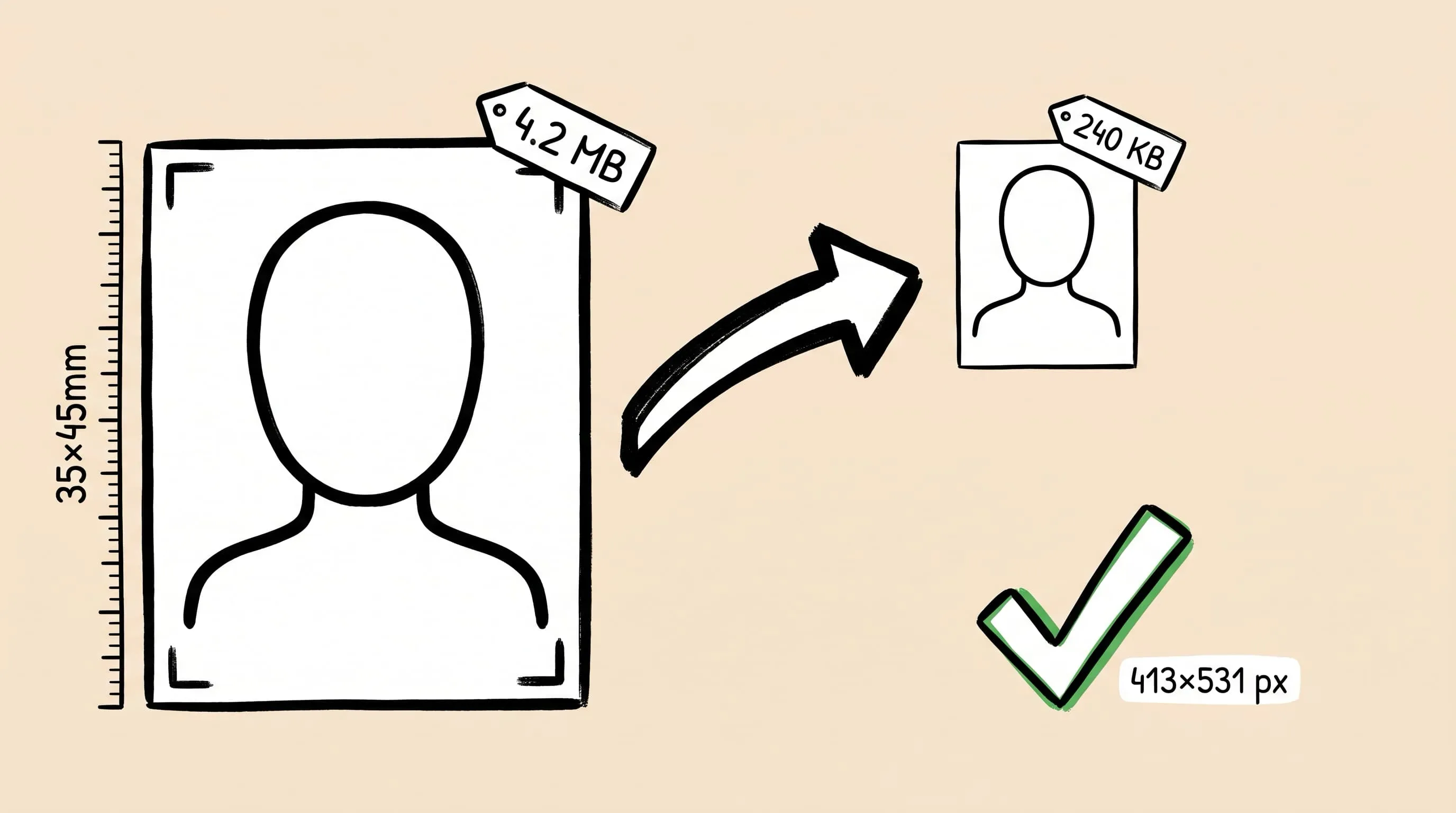 Hand-drawn illustration of a 35×45mm passport photo tagged 4.2 MB, an arrow pointing to the same photo at 240 KB and 413×531 px with identical clarity and a green checkmark, on compressing ID photos to exact size requirements on Mac