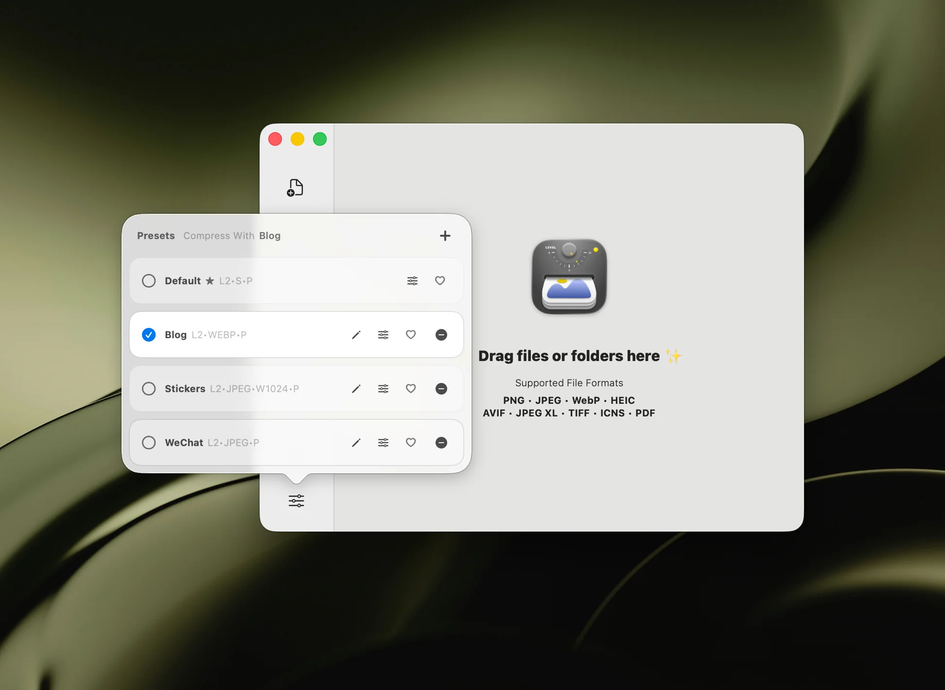 Zipic 6 compression levels — from near-lossless to aggressive compression