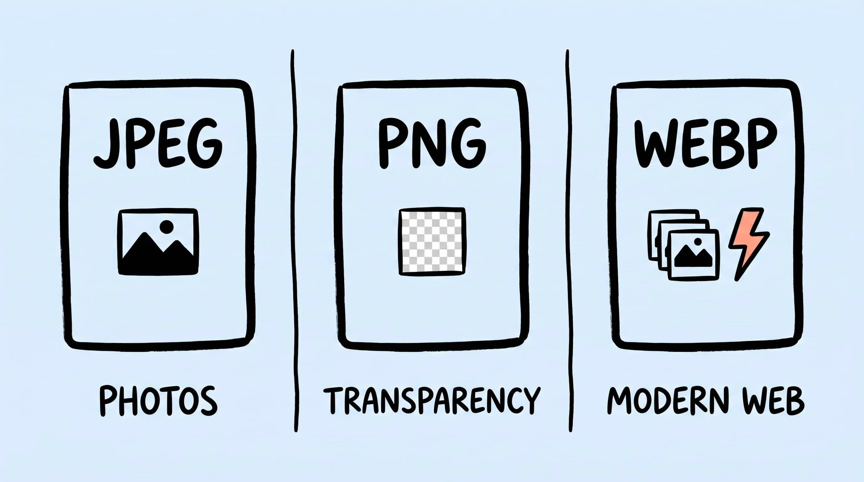 JPEG vs PNG vs WebP comparison for photos, transparent graphics, and web images