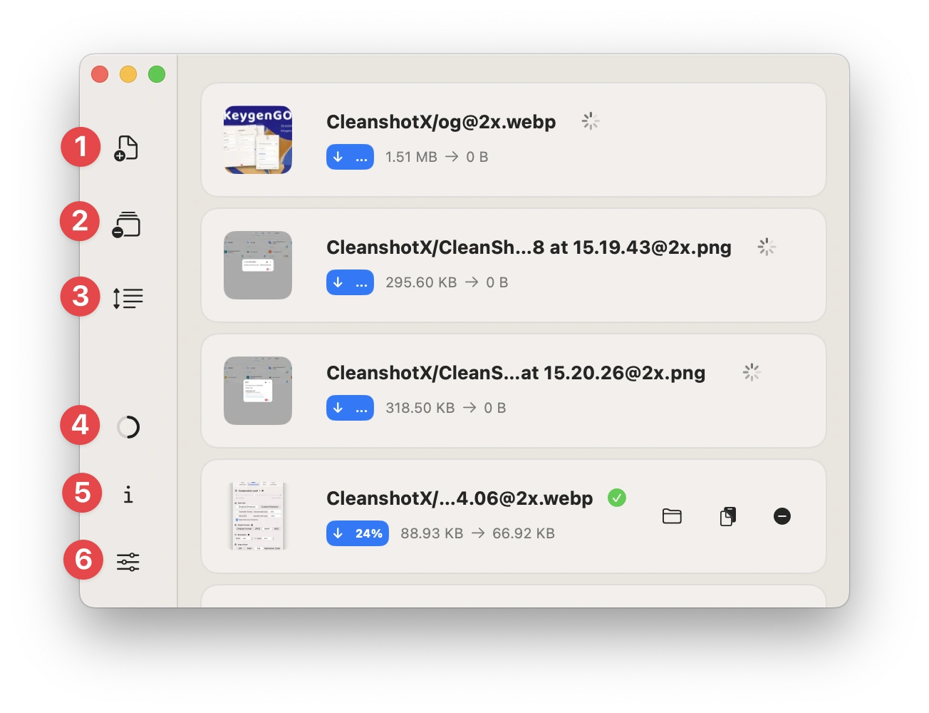 Zipic main window compression history with before-and-after file sizes