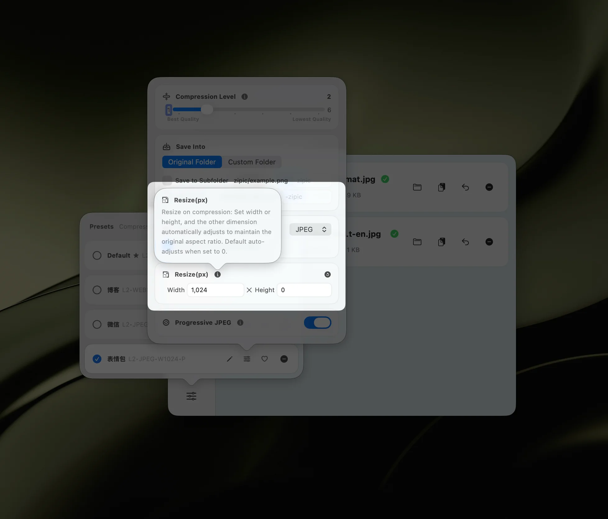 Zipic resize options — set target width and height while maintaining aspect ratio