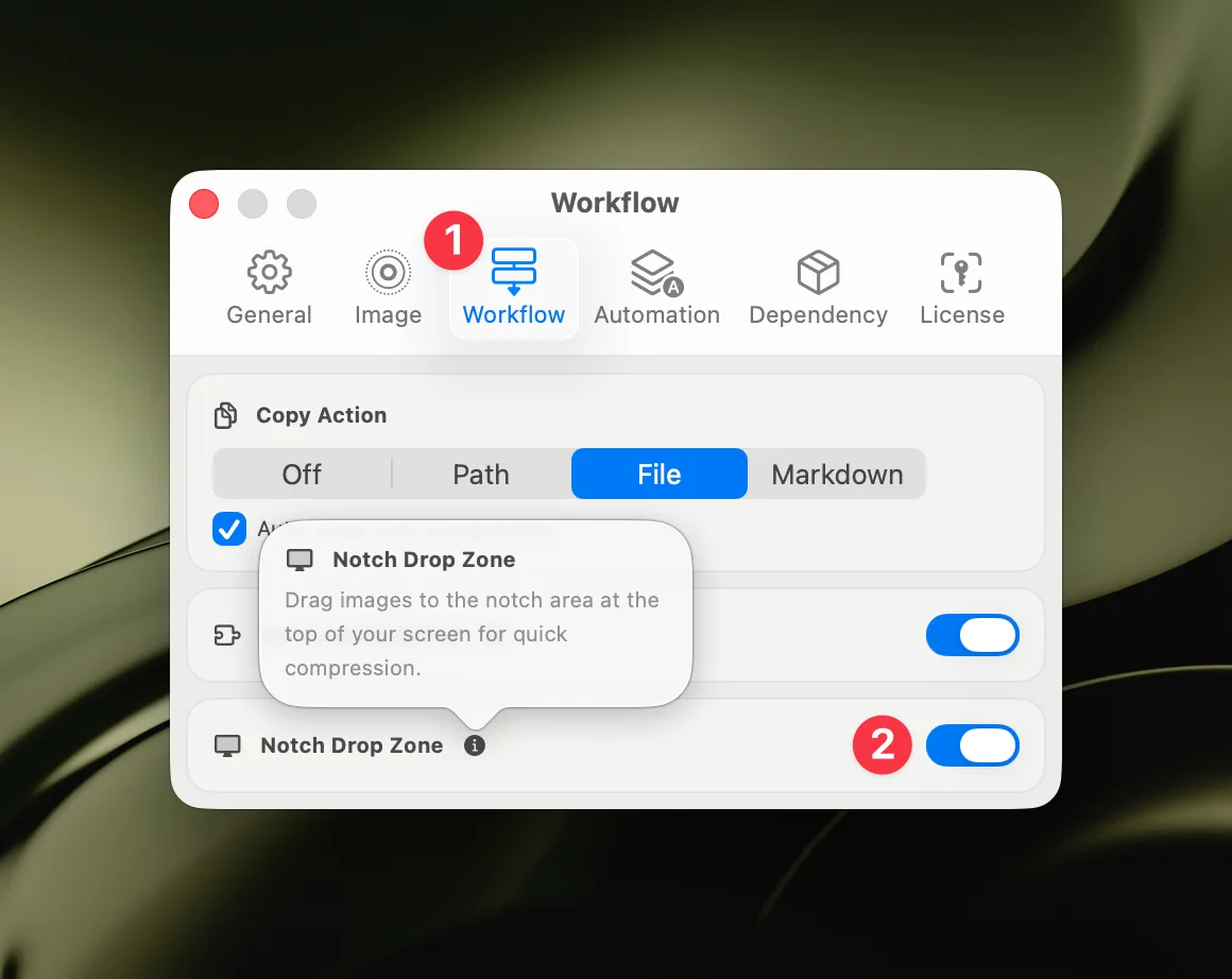 Zipic Notch Drop settings — enable drag to notch for compression