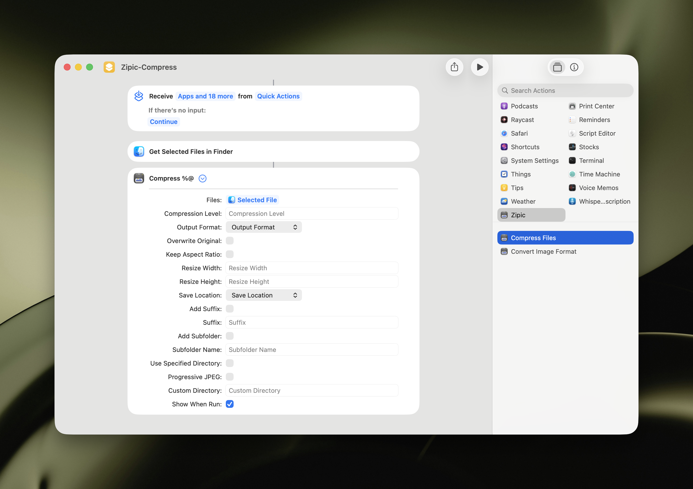 Zipic Compress and Convert Format AppIntents in the Apple Shortcuts editor